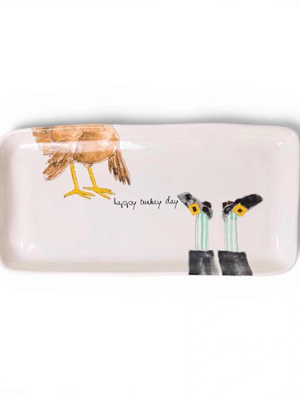 Rae Dunn by Magenta “happy turkey day” Turkey/Pilgram Ceramic Serving Tray EUC
